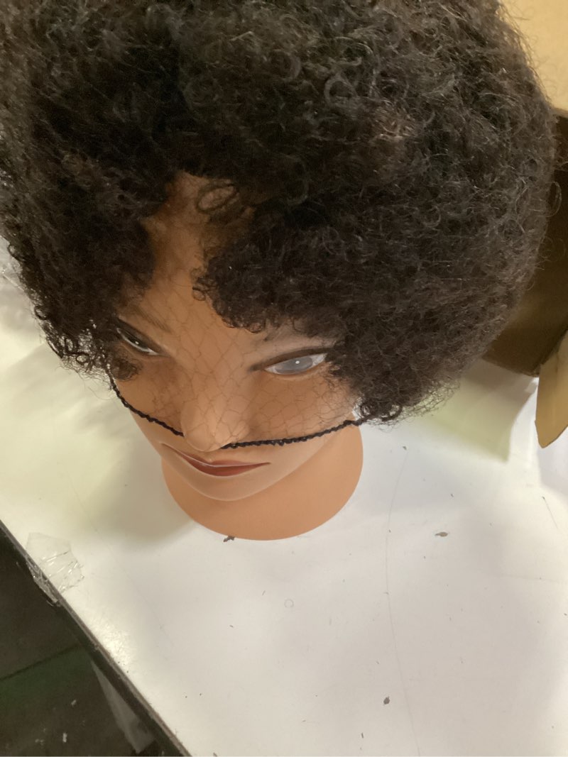 Condition photo showing Good Condition for headdoll afro curly mannequin head with 100% human hair curly hair hairdresser hair styling cosmetology manikin head doll head for hairdresser practice styling dye braiding with clamp stand bb-human hair-brown