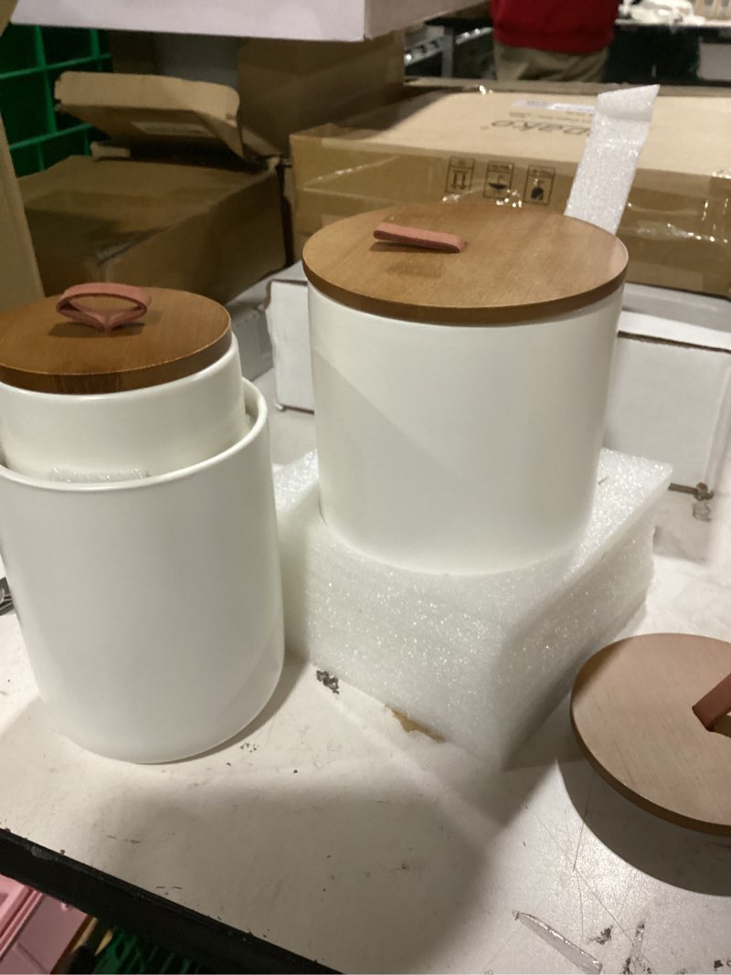 Condition photo showing New/Like New for ceramic canister set for kitchen, 3pcs white ceramic kitchen canisters for countertop with airtight wood lids, large flour and sugar containers for coffee, tea, spice b- white ceramic canisters