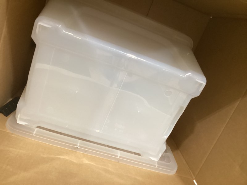 Condition photo showing As Is for citylife 32 qt plastic storage bins with latching lids stackable storage containers for organizing large clear storage box for garage, closet, kitchen, 4 packs
