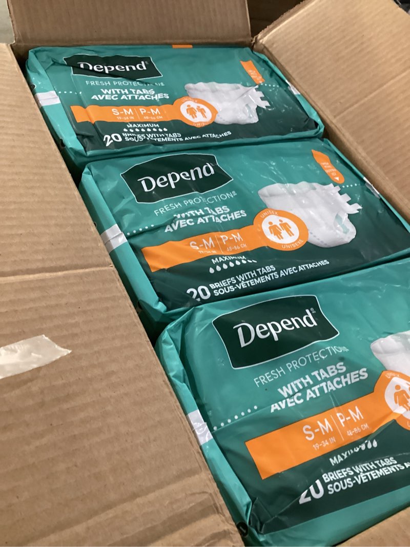 Condition photo showing New/Like New for Depend Incontinence Protection with Tabs, Unisex, Small/Medium (19–34" Waist, Up To 170 lbs), Maximum Absorbency, 60 Count (3 Packs of 20) Small/Medium (60 Count)