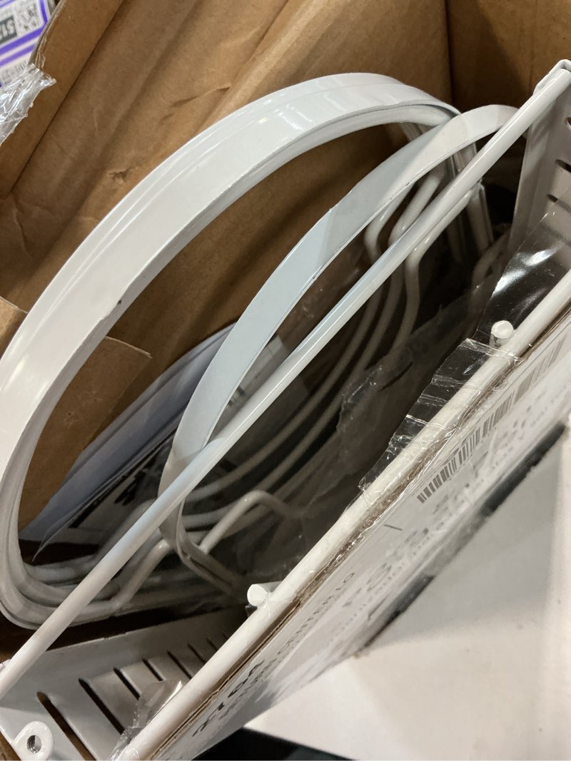 Condition photo showing As Is for mainstays stainless steel pots and pans organizer, 8 adjustable shelves, steel, white, designed to help with countertop or cabinate lid organization