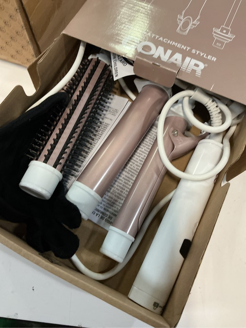 Condition photo showing As Is for conair double ceramic multi-attachment hair styler, 5-in-1 hair curling wand set to create curls, waves, and blowouts, ceramic technology eliminates damaging hot spots, white/rose gold