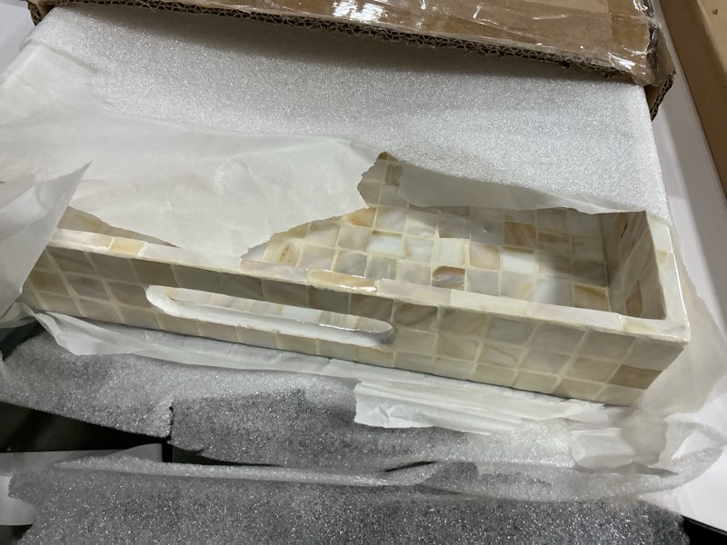 Condition photo showing New/Like New for PEMAR Rectangular Mother of Pearl Serving Tray Nacre Wood Lap Ottoman Tray for Coffee Table, Luxury Decorative Handmade Eating Platters w Insert Handles (White Cream)
