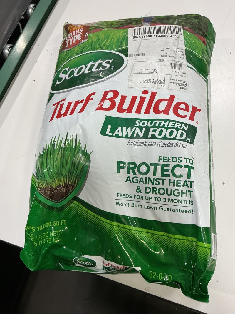 Condition photo showing As Is for scotts turf builder southern lawn foodfl, 28.13 lbs. | florida lawn fertilizer for grass, feeds up to 3 months, apply to any grass type, covers 10,000 sq. ft. 10,000 sq. ft. florida