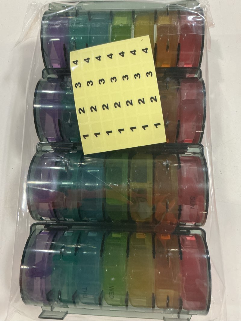 Condition photo showing New/Like New for ?upgrade? monthly pill organizer 2 times a day,one month box am pm,daily cases large 4 week,medication 28 days dispenser for pills,fish oils, vitamin,supplement(rainbow)…