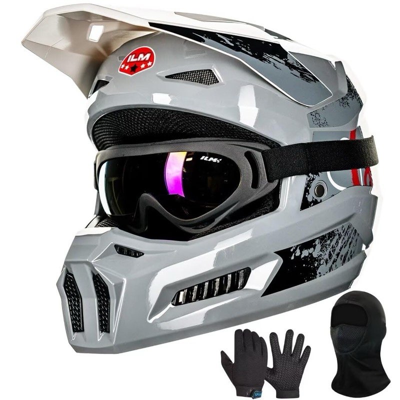 ilm youth dirt bike helmets kids atv helmet motocross bmx off road motorbike with goggles gloves mask dot model mt601y (angry face, youth-large)