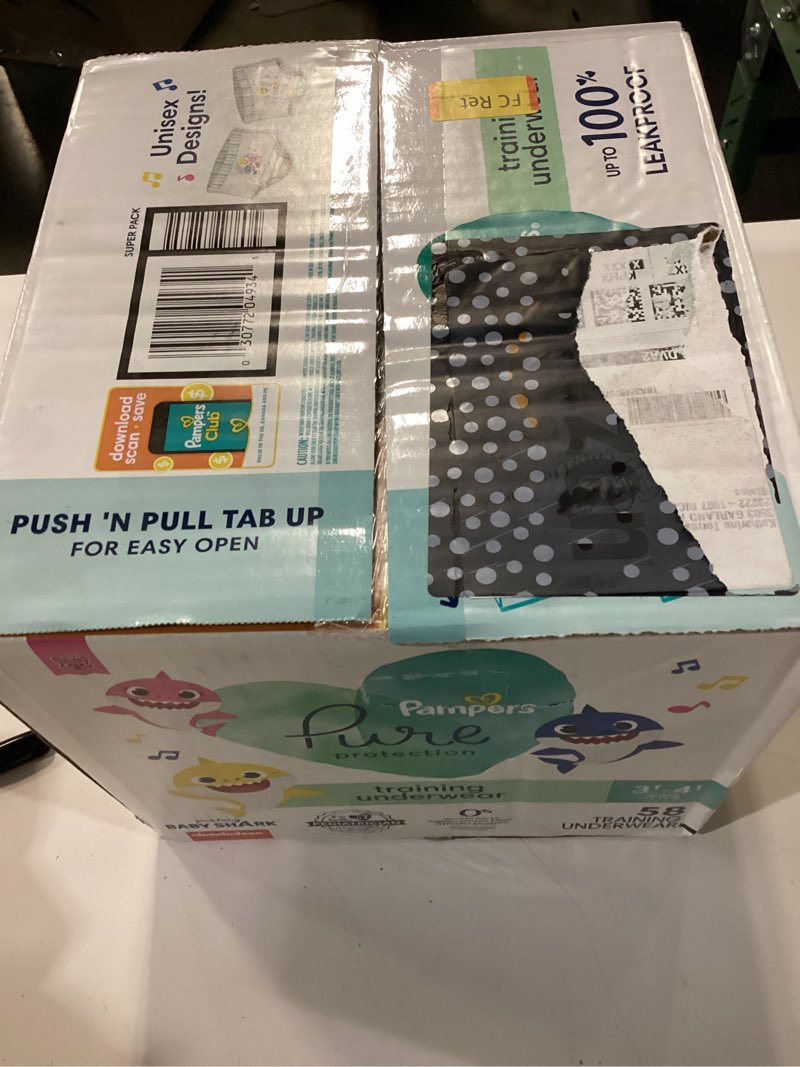 Condition photo showing New/Like New for pampers pure protection training underwear, unisex, size 3t4t, 58 count, premium, hypoallergenic, soft, absorbent 3t-4t 58