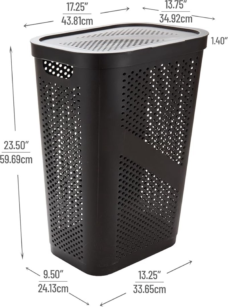 Mind Reader Slim Laundry Hamper with Lid, 60L Clothes Basket, Ventilated Plastic, Brown