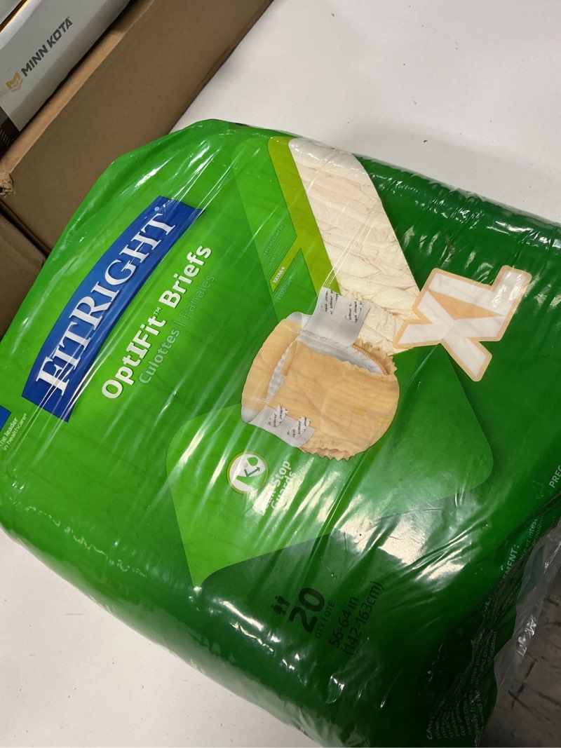 Condition photo showing New/Like New for fitright adult diapers, extra+ heavy absorbency, xl (waist size 56in-64in), 20 count, optifit incontinence briefs for men and women, disposable, moisture-wicking, leak protection, 20 count x-large