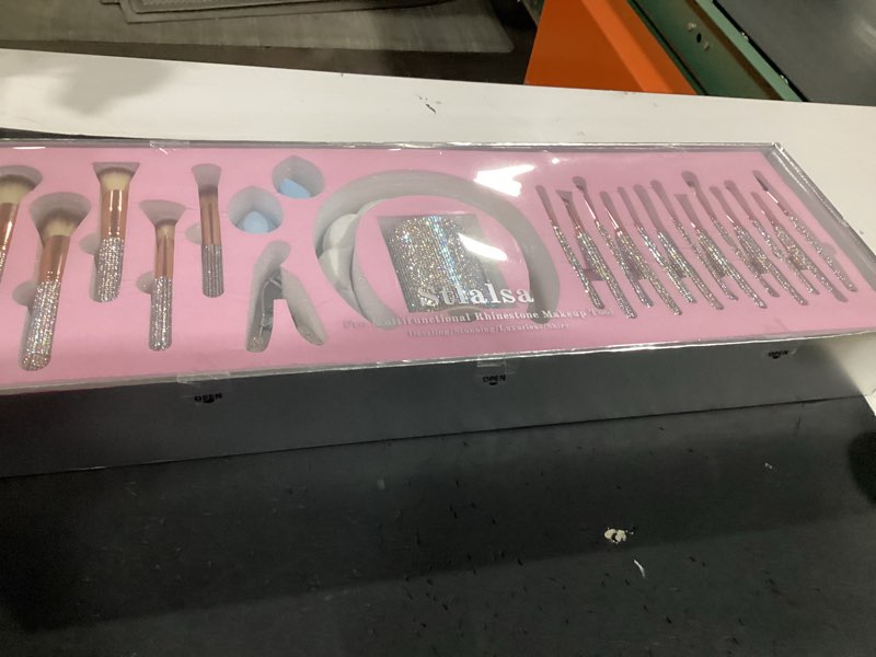 Condition photo showing New/Like New for stlalsa-professional makeup brush set, 23 pieces, pink and white synthetic brushes with diamond handle, for powder, contour, eyeshadow application (plata)