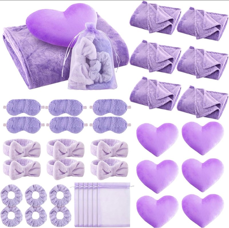 36 pcs sleepover party supplies 6 throw blanket 6 spa headband 6 heart pillows 6 scrunchies 6 sleep eye mask 6 organza bag for spa slumber party favors supplies (purple)