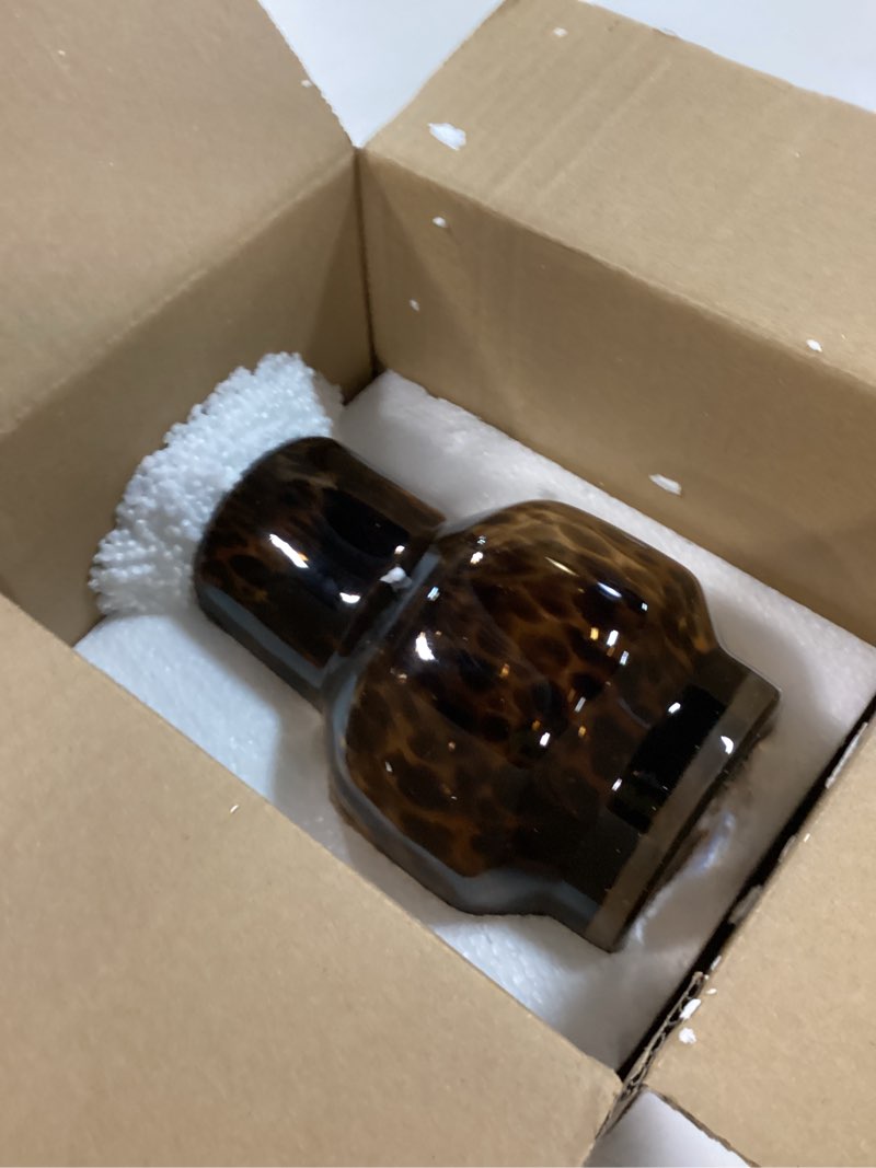 Condition photo showing Good Condition for 6.3in amber brown glass tortoise shell vase, leopard pattern round glass vase, wide mouth for flower