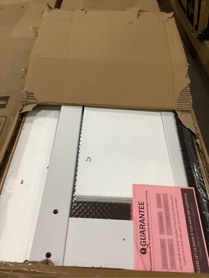 Condition photo showing Good Condition for FREDBECK Preassembled Bifold Barn Door 30x84 (Double 15x84) with 1 Lites Mirror,Bi-fold Closet Doors Hardware Kit Included,34" Track for 2 Doors, PVC, White,for Living Room, Bathrooms, Kicthen White 30" (15"x2) x 84"