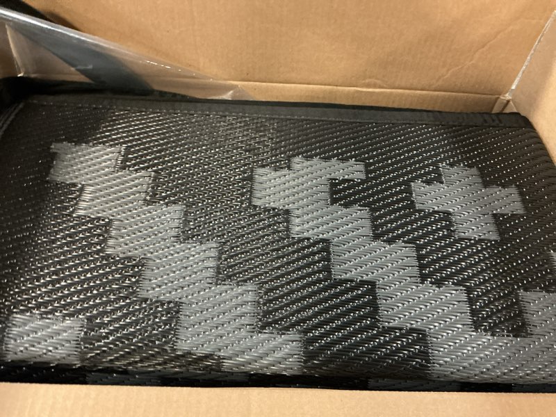 Condition photo showing Good Condition for cozyloom 9x18 outdoor rug waterproof reversible lightweight mat plastic straw rug large camping rug for rv backyard patio deck picnic beach trailer, outdoor modern area rugs black grey square 9' x 18' (rectangular) black grey square