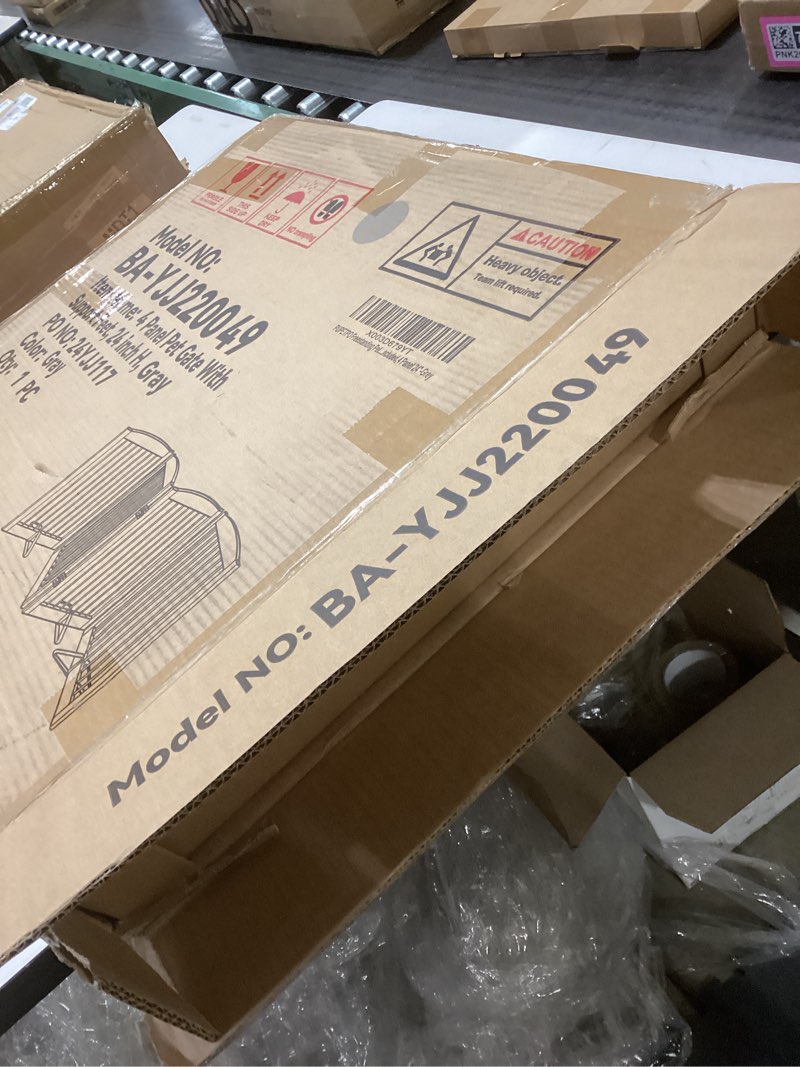 Condition photo showing New/Like New for Freestanding Pet Gate - Foldable Wooden Dog Gate for House, Indoor, 80 Inch Wide, 4 Panels 24", Grey 24" Height-4 Panel Gray