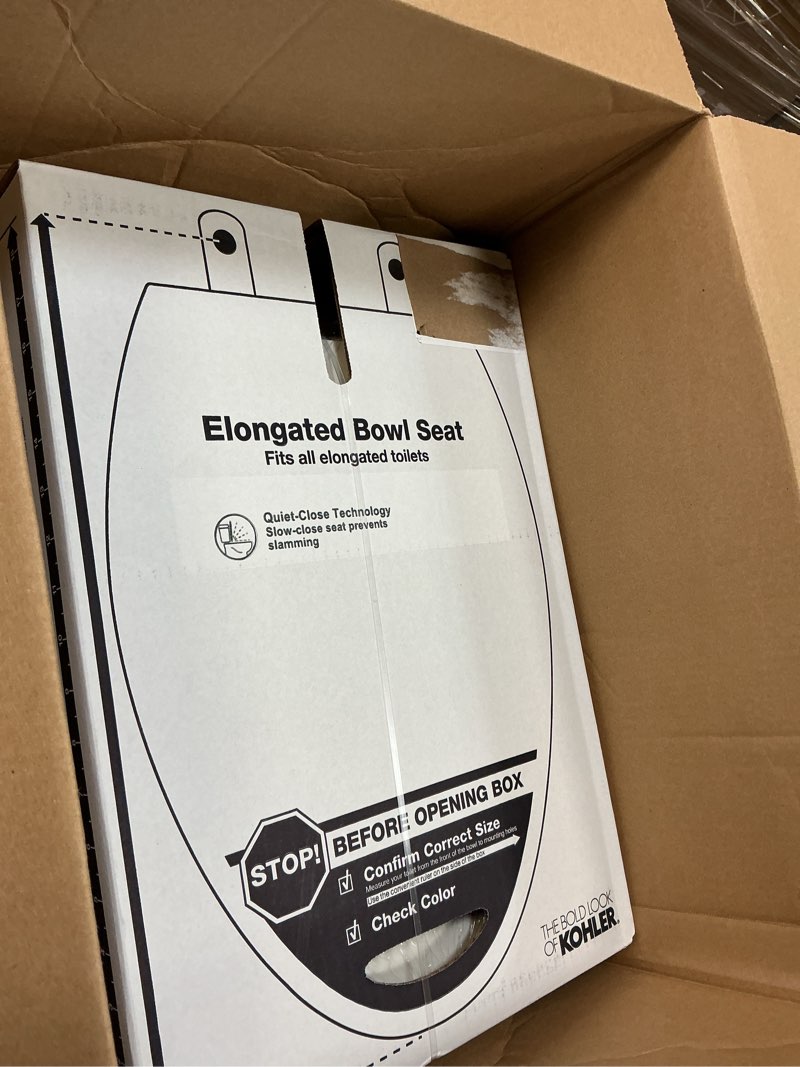 Condition photo showing New/Like New for kohler 20110-96 brevia, slow close toilet seat, elongated toilet seat, grip-tight bumpers quick-attach hardware, biscuit biscuit elongated quiet-close