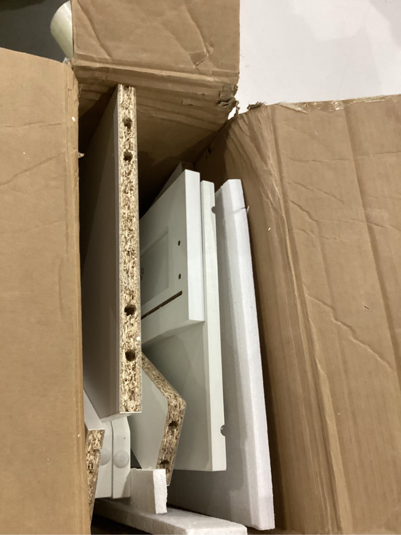 Condition photo showing As Is for floor cabinet, farmhouse storage cabinet with barn doors and drawer, freestanding adjustable shelf organizer for bathroom, kitchen, living room white