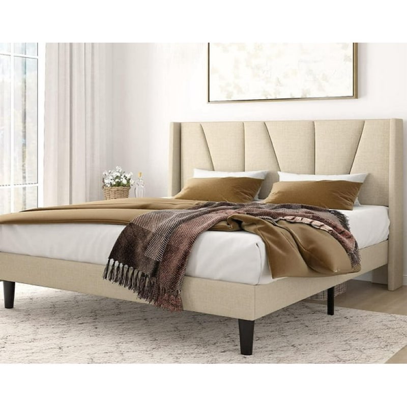 Full Size Platform Bed Frame with Geometric Wingback, Light Beige