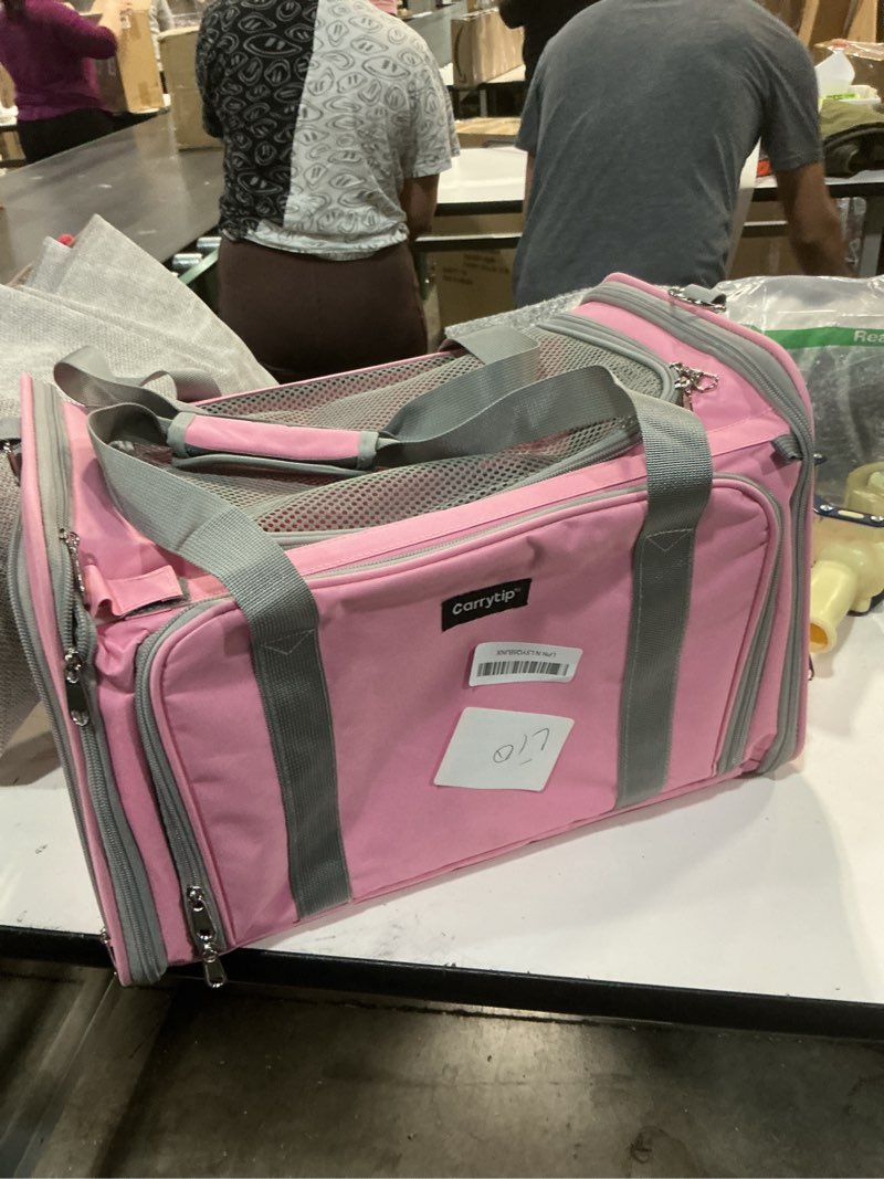 Condition photo showing Good Condition for Expandable Cat Carrier, Airline Approved Soft Sided Pet Carrier for Cats & Small Dogs Up to 15 lbs, with Locking Safety Zippers & Cozy Fleece Pad, Portable for Car & Vet Visits, Pink Pink 17.0"L x 11.0"W x 11.0"H