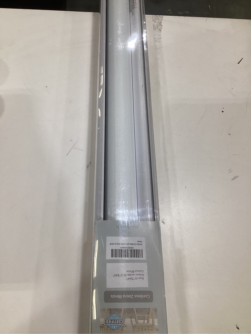 Condition photo showing As Is for persilux cordless zebra blinds for windows free-stop roller windows shades (31" w x 64" h, white) dual layer light control for day and night, light filtering sheer shades for home, easy to install 31"w x 64"h white