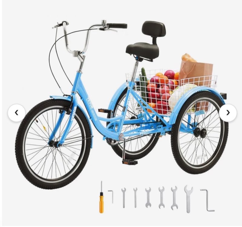 VEVOR Adult Tricycles Bike, 24 Inch Three-Wheeled Bicycles, 3 Wheel Bikes Trikes, Carbon Steel Cruis