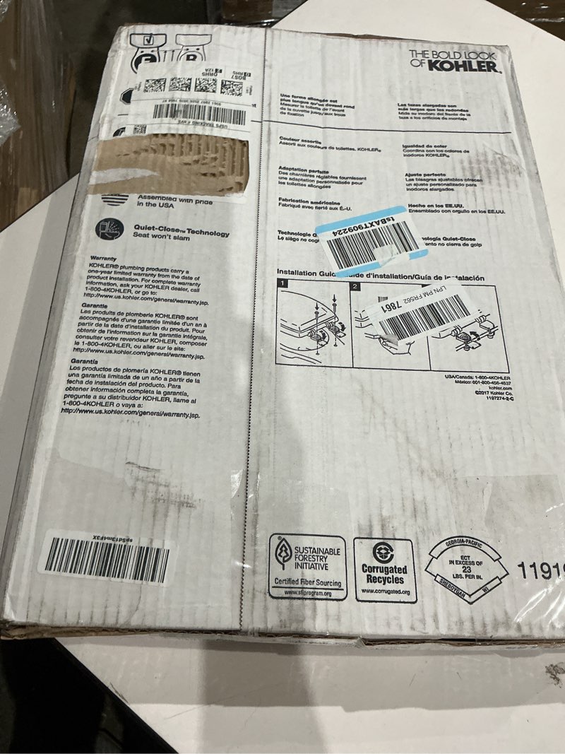 Condition photo showing Good Condition for kohler stonewood quiet-close elongated toilet seat, slow close design, durable wood, easy installation, universal fit, white finish, k-20466-0