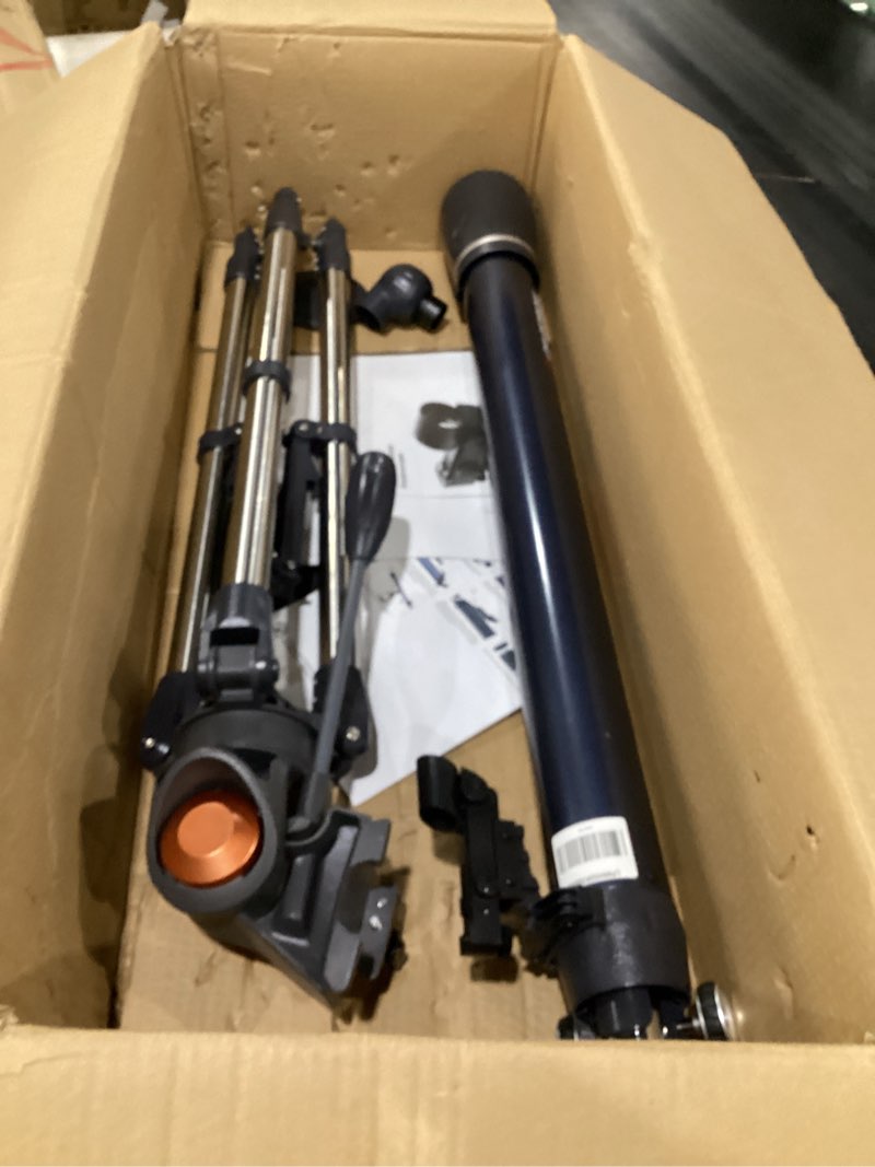 Condition photo showing As Is for missing parts celestron – astromaster 70az telescope – refractor telescope – fully-coated glass optics – adjustable-height tripod – bonus astronomy software package