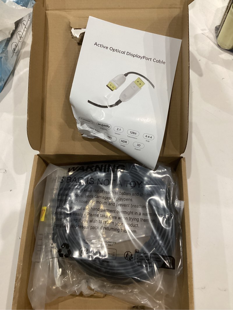 Condition photo showing As Is for 10ft 8K Fiber Optic DisplayPort Cable 2.1 with Lock, 54Gbps High Speed Long Active Optic DP Cable 2.1, 8K@60Hz 4K@240Hz, DP to DP Male for Personal Computer Connection 10ft Fiber-Unidirectional