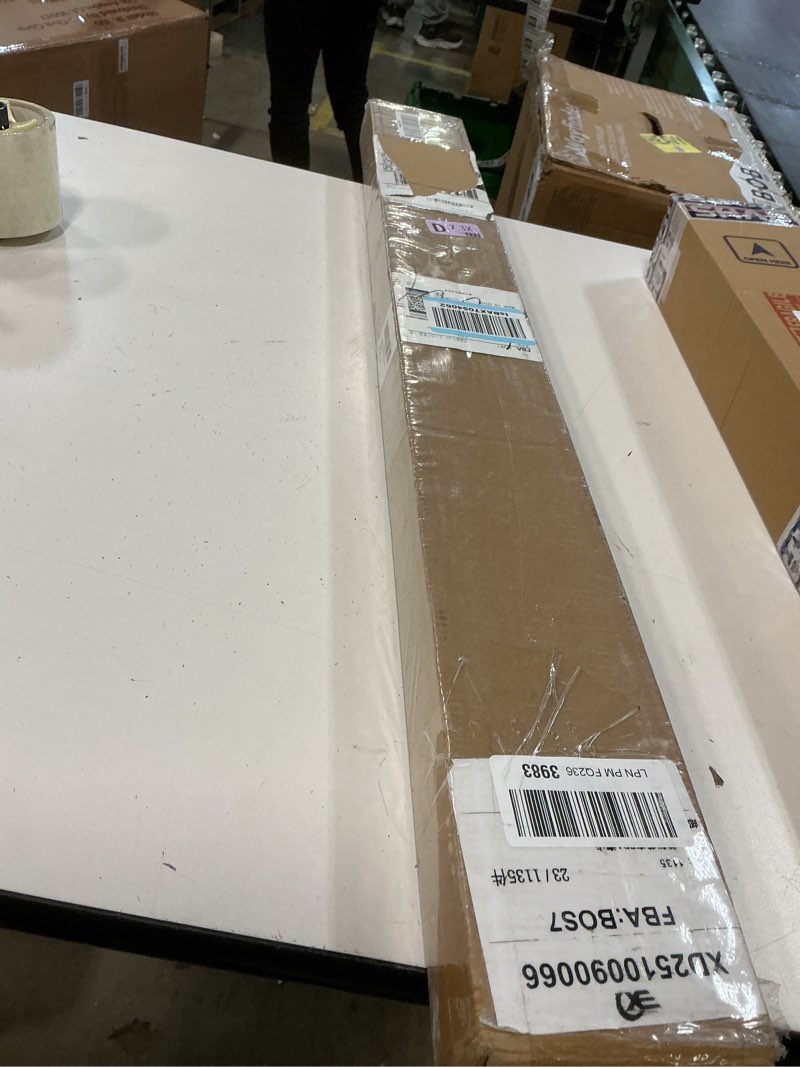 Condition photo showing New/Like New for 1" cordless mini blinds 34" w x 36" h, white vinyl blinds, horizontal light filtering, window blinds for indoor windows, office, kitchen, bathroom and living room. 34"w x 36"h