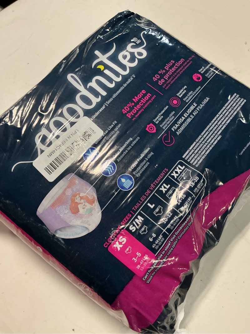 Condition photo showing Good Condition for goodnites girls' nighttime bedwetting underwear, size extra small (28-43 lbs), 44 ct (2 packs of 22), packaging may vary x-small 44
