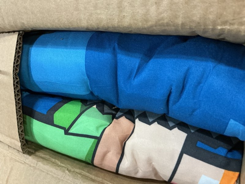 Condition photo showing New/Like New for jay franco minecraft twin comforter set - 5 piece bedding includes sheet set & pillow covers - super soft kids bedding features creeper & zombie blue - minecraft twin
