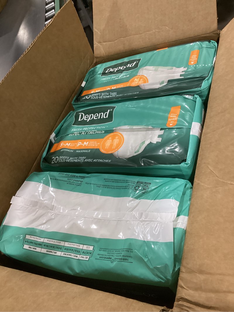 Condition photo showing New/Like New for (3 packs)Depend Adult Diapers with Tabs, Incontinence Protection with Tabs, Unisex, Small/Medium (19–34\" Waist, Up To 170 lbs), Maximum Absorbency, 60 Count (3 Packs of 20)