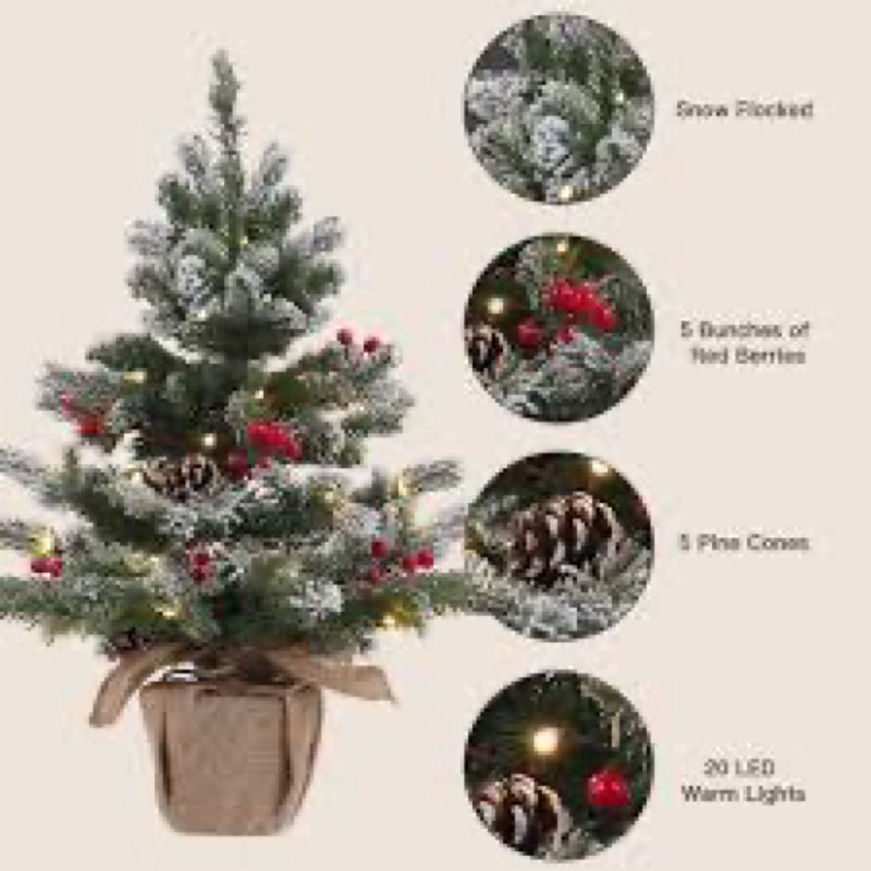 Svndlyn Lighted Red Berries Tree Table Decoration Christmas Tree with Snow Flocked Berries Pinecones