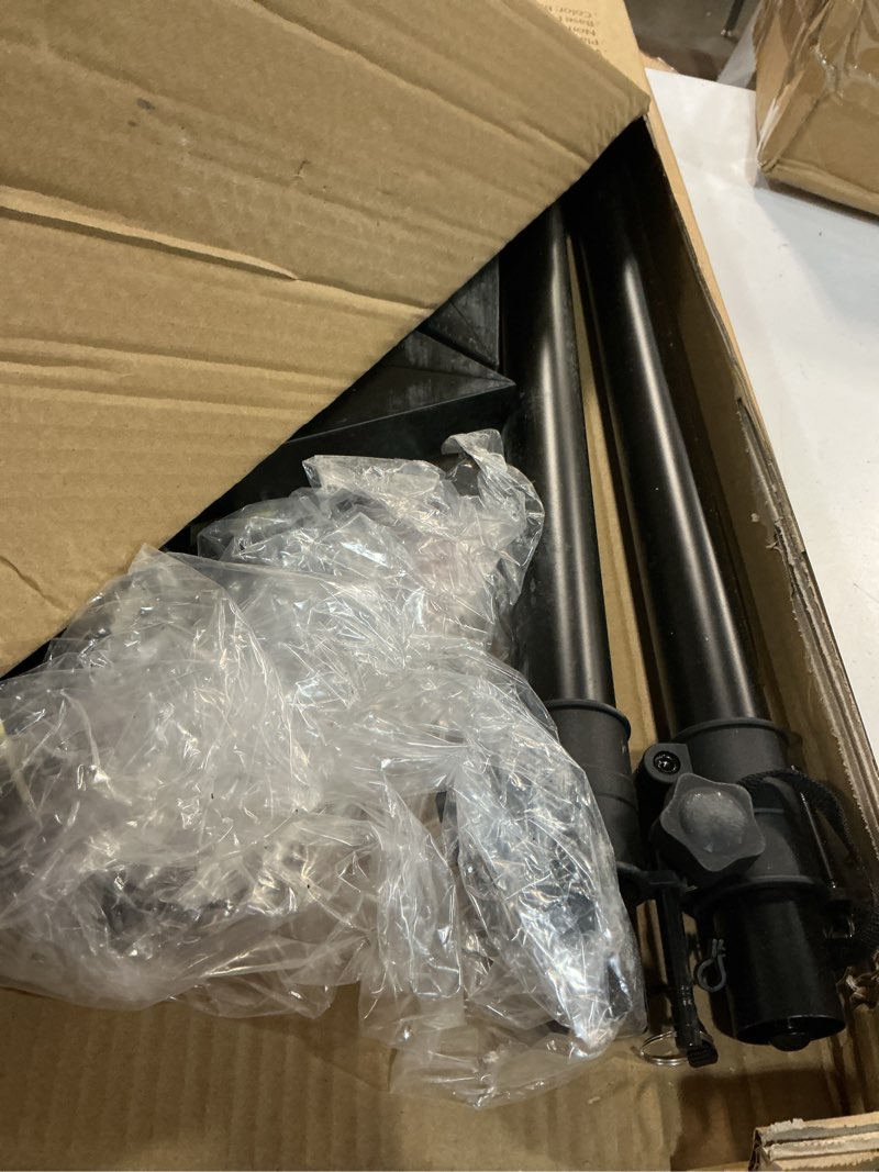 Condition photo showing As Is for pyle speaker stand pair of sound play 1 and 3 holder - telescoping height adjustable from 26” - 52” inch high heavy duty three-point triangle base w/ floor spikes and 9” square platform, black speaker amplifier stand