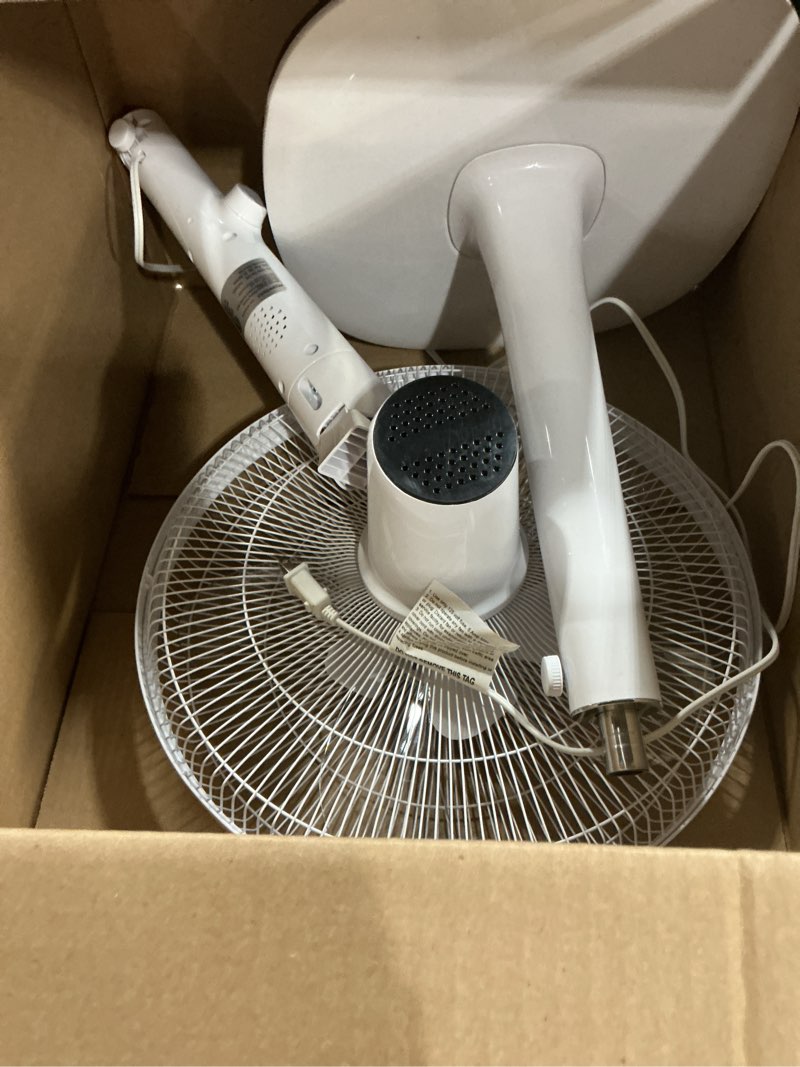 Condition photo showing As Is for Amazon Basics 16" DC Motor Standing Floor Fan, 12 Speed with Remote, 3 Breeze Modes, Dual-Layered Blades (10 Blades), Timer, Energy Efficiency and Quiet DC Motor (28W), White 12-Speed, DC Motor