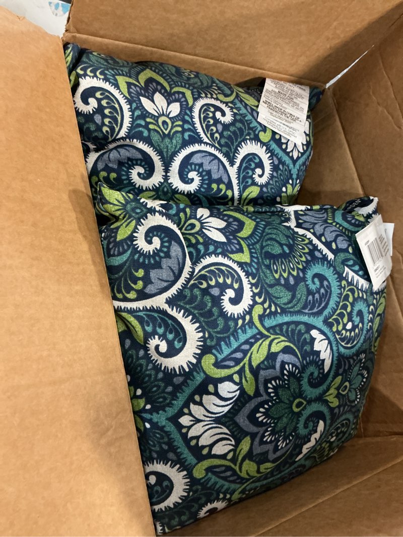 Condition photo showing Good Condition for arden outdoor toss pillow, 2 pack, 16 x 16, rain-proof, fade resistant sapphire aurora blue damask 16 x 16 sapphire aurora blue damask 2