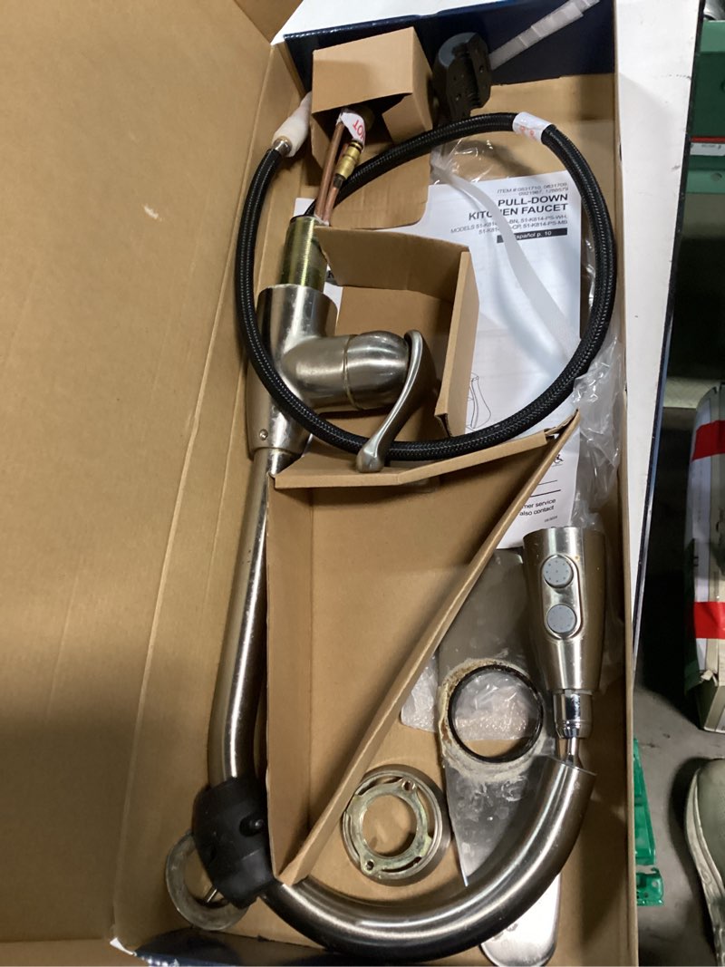 Condition photo showing As Is for project source tucker stainless steel single handle pull-down kitchen faucet with sprayer (deck plate included)