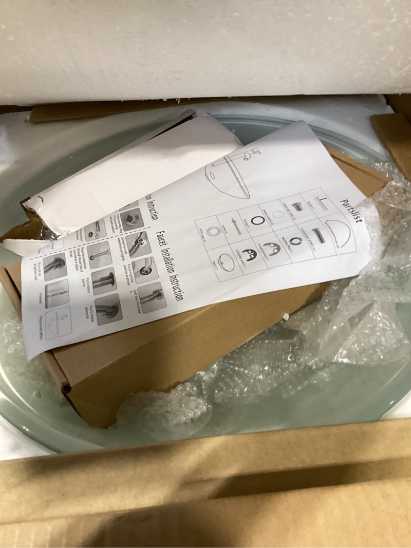 Condition photo showing New/Like New for bathroom vessel sink, tempered glass vanity round bowl with chrome faucet and pop up drain set, clear