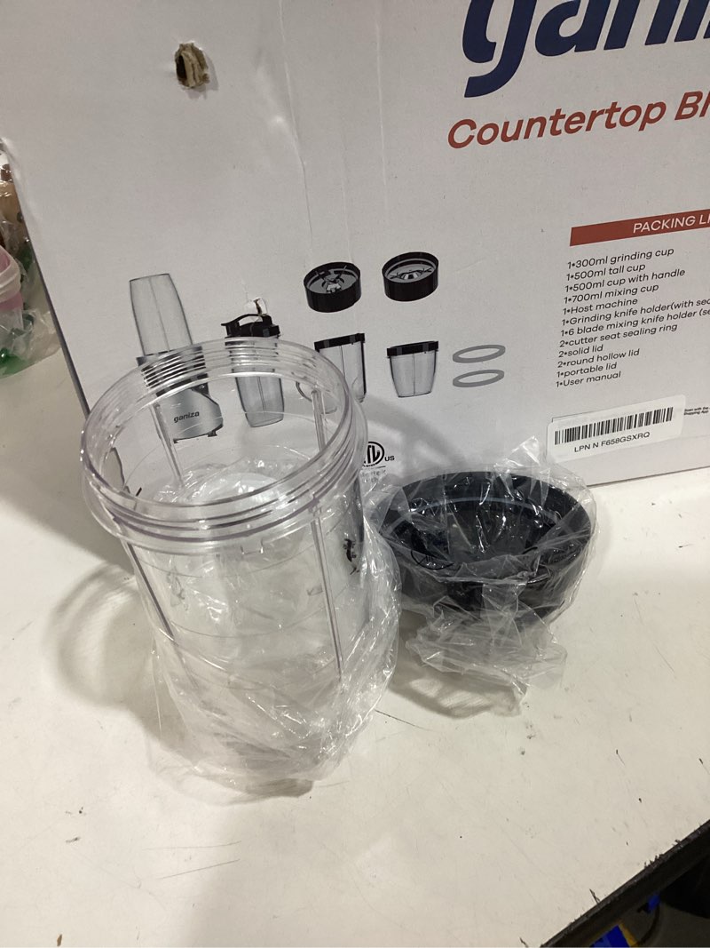 Condition photo showing As Is for ganiza smoothie blender, 900w blenders for shakes and smoothies, 15-piece personal blender and grinder combo for kitchen, smoothies maker with 4 bpa-free portable cup, nutritious recipe black