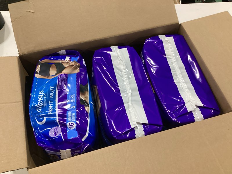 Condition photo showing New/Like New for **similar to stock photo**always discreet night, reimagined adult diapers for women, extended overnight absorbency incontinence and postpartum underwear size l, 360 degree coverage while laying down, 48 count? large 48