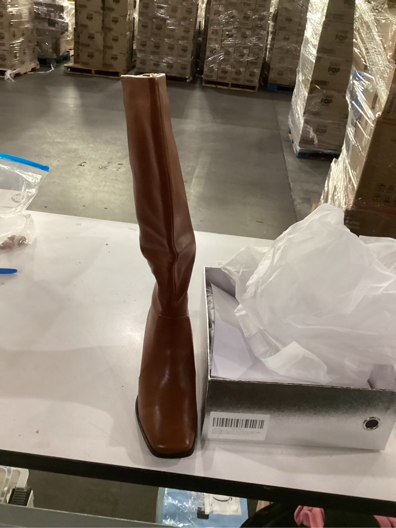 Women's Knee High Boots Block Metal Heel Square Toe Side Zipper Soft Brown PU Leather Classic Fashion Dress Long Boots 7M