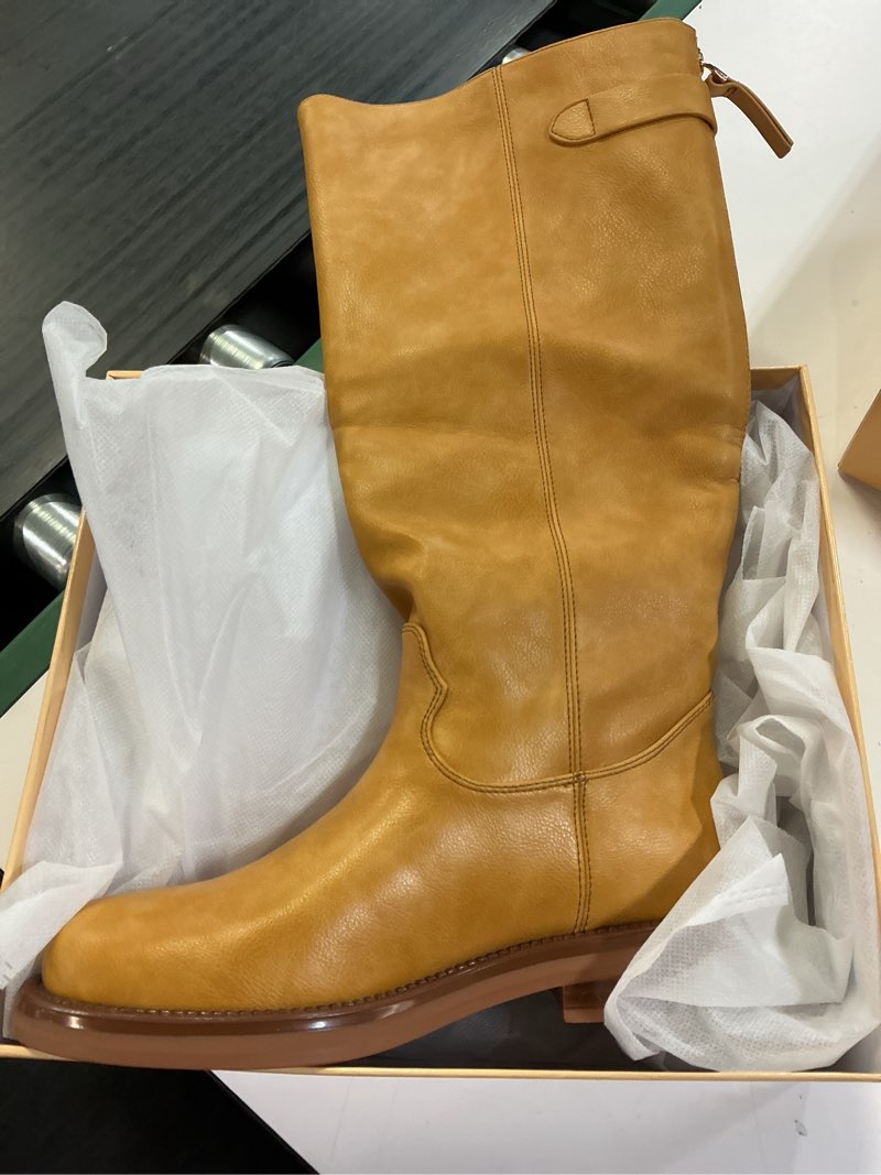 Condition photo showing New/Like New for women's knee high boots chunky heel square toe tall boots for women low heel back zipper boots size 6.5 banana-yellow