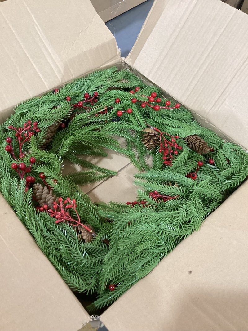 Condition photo showing Good Condition for 24 inch christmas norfolk pine wreath for front door artificial christmas wreath with pinecones red berries hanging loop green fake wreaths for wall window porch indoor outdoor xmas décor