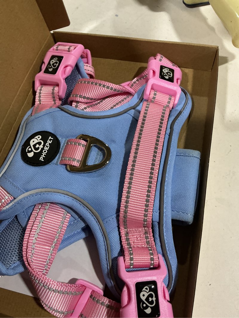 Condition photo showing Good Condition for phoepet no pull dog harness, unique colors reflective adjustable dog vest, with soft training handle metal clips for small medium large dogs (baby blue base & pink straps,l) baby blue base & pink straps large