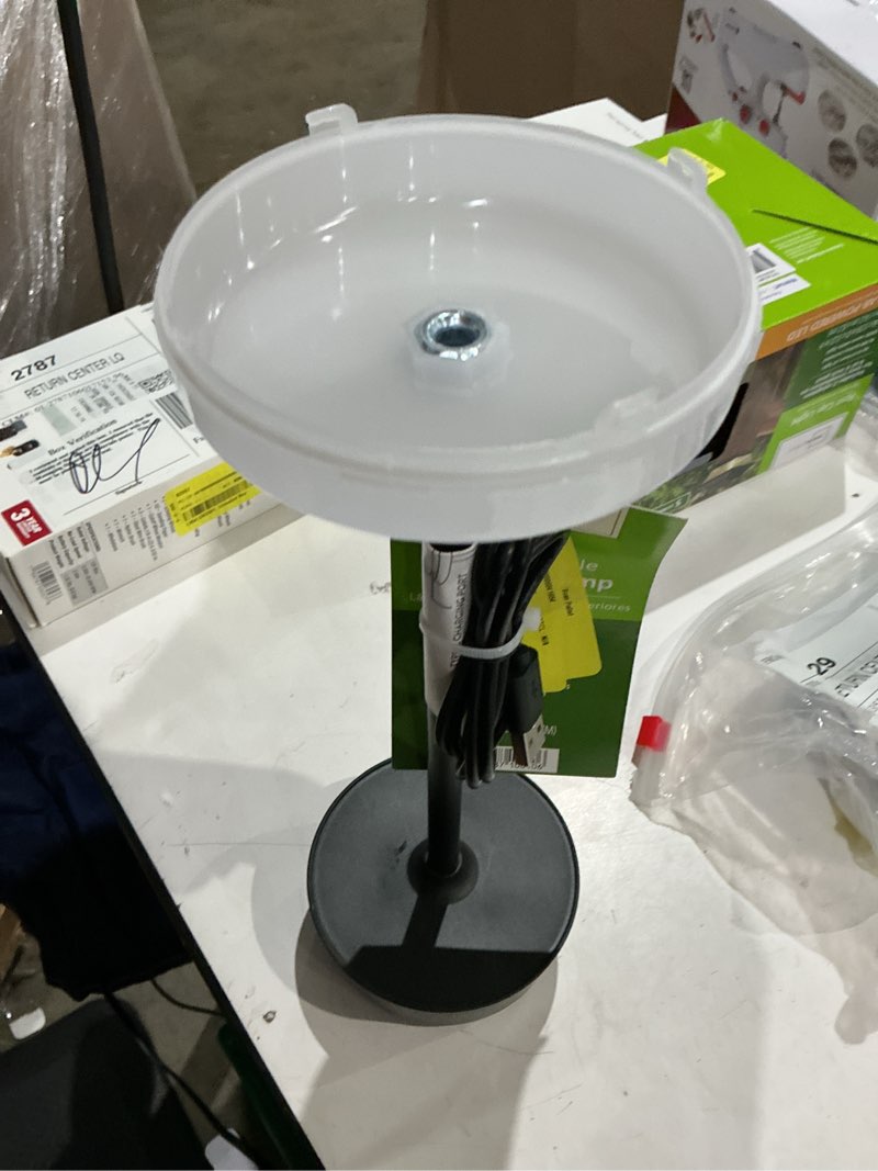 Condition photo showing As Is for mainstays 12-inch outdoor rechargeable table lamp, black, water-resistant, 100 lumens