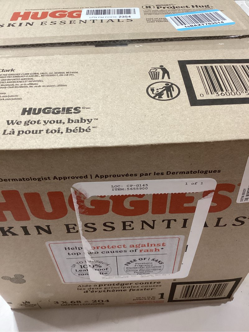 Condition photo showing New/Like New for Huggies Size 1 Diapers, Skin Essentials Baby Diapers, Size 1 (8-14 lbs), 204 Count (3 Packs of 68), Packaging May Vary Size 1 204