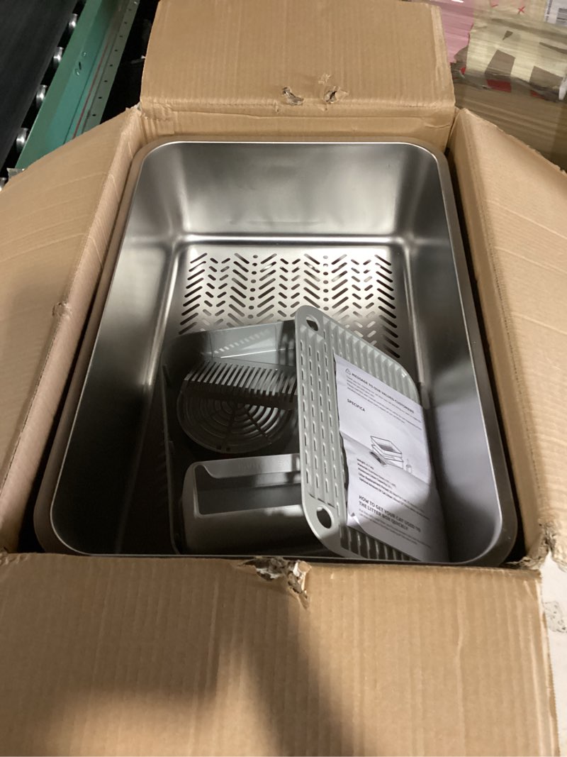 Condition photo showing New/Like New for stainless steel cat xl litter box with sifting tray, double layer metal litter box for pine pellets, 23.6" × 15.7" × 8" high sided kitty litter box for cats, easy to clean, no odor metallic color