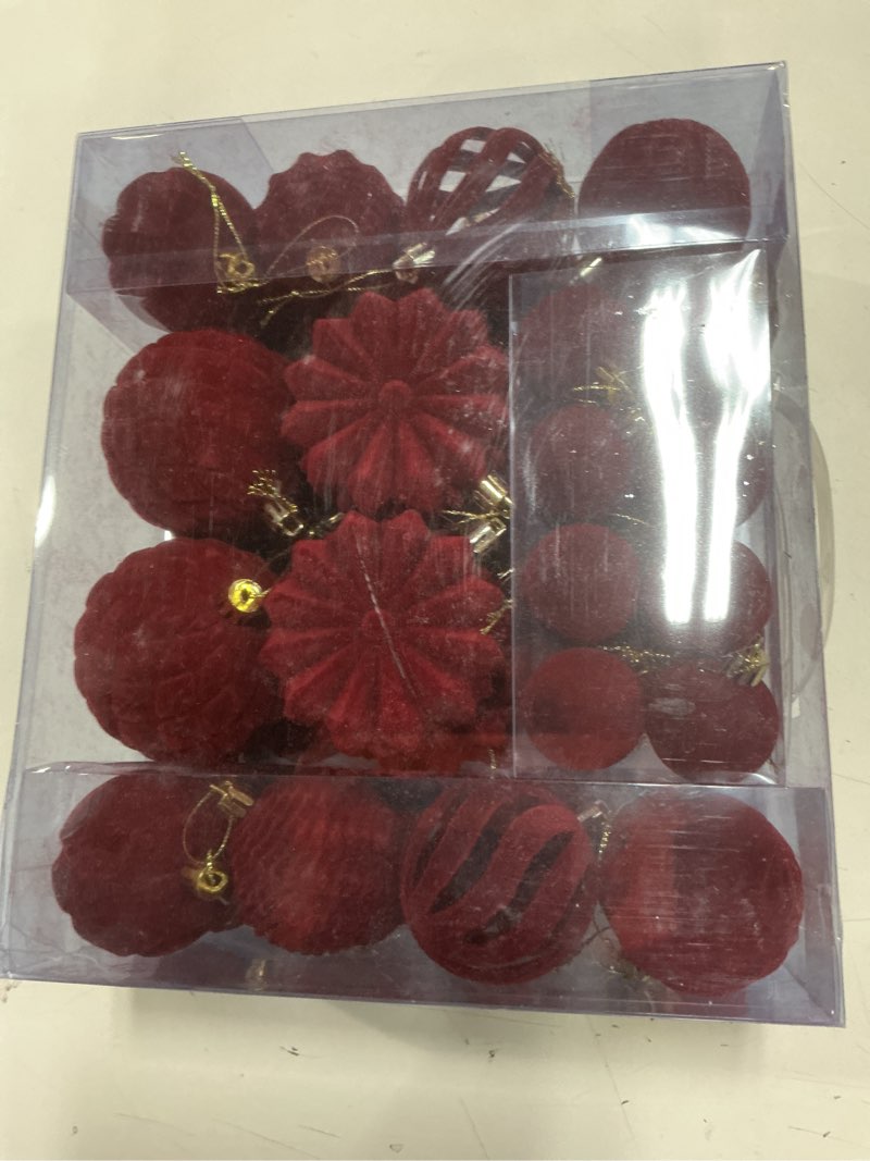 Condition photo showing New/Like New for Velvet Christmas Balls 48pcs Flocked Christmas Tree Ornaments Set Shatterproof Christmas Ornaments with Hanging Rings Suitable for Xmas Tree Holiday Decor (Wine Red)