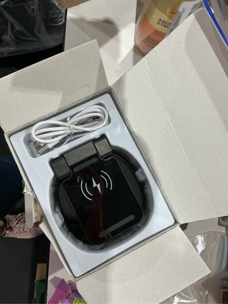 Condition photo showing New/Like New for bluetooth speaker with wireless charging and cell phone stand,best speaker stand for iphone/ipad/samsung galaxy,hd surround sound perfect for home and outdoors,creative gift (black)