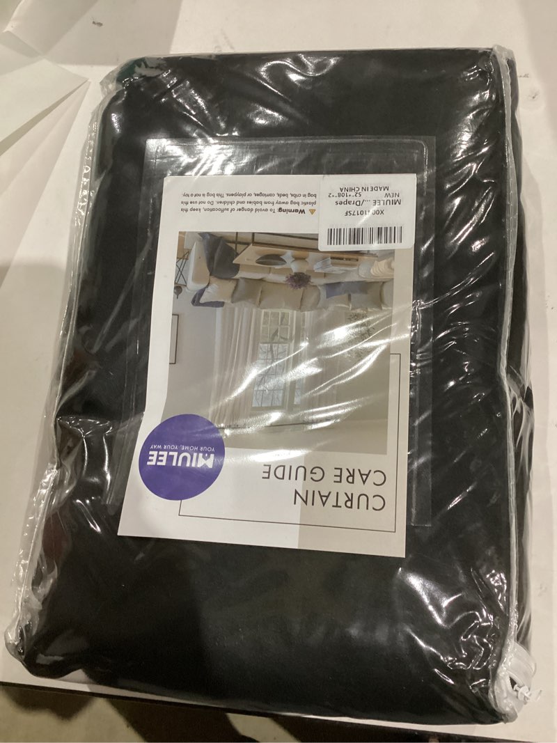 Condition photo showing New/Like New for MIULEE Back Tab Blackout Curtains 108 Inch Long 2 Panels Set for Living Room Bedroom, Halloween Black Rod Pocket/Pinch Pleated Extra Long Thermal Insulated Room Darkening Light Blocking Curtain/Drapes Black 52"W x 108"L (Pack of 2)